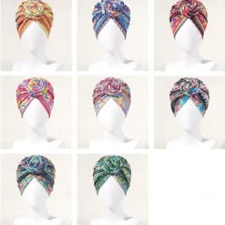 Bath Cap Twisted Retro Print Stretchy Hide Hair Breathable Bohemia Pre-Tied Bonnet Beanie Hat Women's