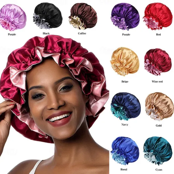 Bath Hat Silk Bonnet for Women Satin Bonnet for Curly Hair Sleep Cap Double Layer Large Silk Hair Bonnet for Black Women Natural Hair