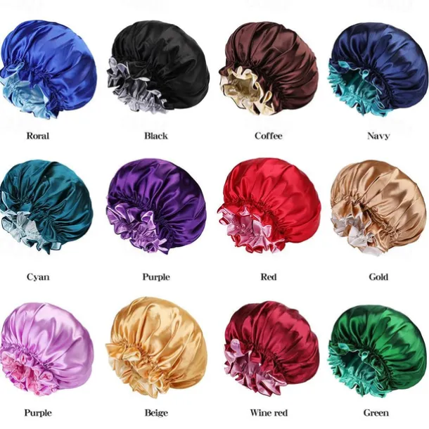 Bath Hat Silk Bonnet for Women Satin Bonnet for Curly Hair Sleep Cap Double Layer Large Silk Hair Bonnet for Black Women Natural Hair