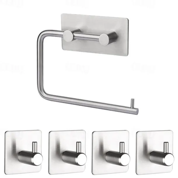 Bathroom Accessories Set Stainless Steel Include Multifunction Paper Holder and Robe Hooks 4pcs Punched-free Matte Black and Brushed Silvery with 3M Strong Viscosity Adhesive