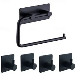 Bathroom Accessories Set Stainless Steel Include Multifunction Paper Holder and Robe Hooks 4pcs Punched-free Matte Black and Brushed Silvery with 3M Strong Viscosity Adhesive