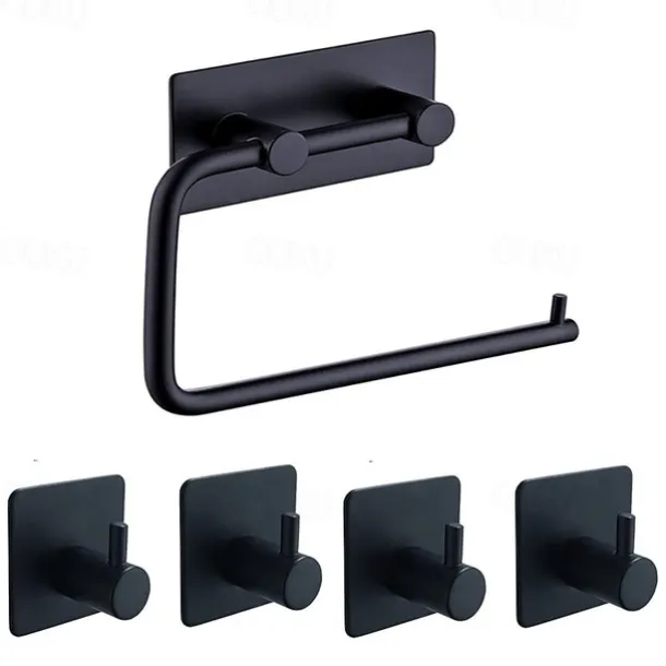Bathroom Accessories Set Stainless Steel Include Multifunction Paper Holder and Robe Hooks 4pcs Punched-free Matte Black and Brushed Silvery with 3M Strong Viscosity Adhesive