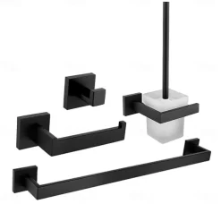 Bathroom Accessory Set 4 Piece Stainless Steel,Wall Mounted Towel Bar,Toilet Paper Holder,Toilet Brush Holder and Robe Hook,Bathroom Hardware Set(Black/Golden/Chrome/Brushed Nickel)