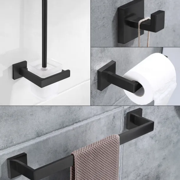 Bathroom Accessory Set 4 Piece Stainless Steel,Wall Mounted Towel Bar,Toilet Paper Holder,Toilet Brush Holder and Robe Hook,Bathroom Hardware Set(Black/Golden/Chrome/Brushed Nickel)