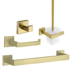 Bathroom Accessory Set 4 Piece Stainless Steel,Wall Mounted Towel Bar,Toilet Paper Holder,Toilet Brush Holder and Robe Hook,Bathroom Hardware Set(Black/Golden/Chrome/Brushed Nickel)