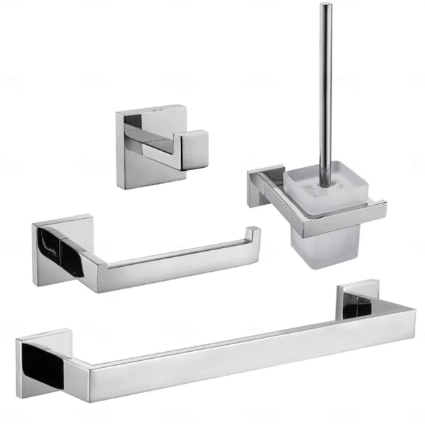 Bathroom Accessory Set 4 Piece Stainless Steel,Wall Mounted Towel Bar,Toilet Paper Holder,Toilet Brush Holder and Robe Hook,Bathroom Hardware Set(Black/Golden/Chrome/Brushed Nickel)