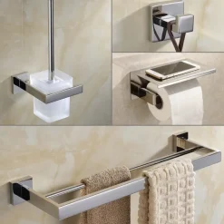 Bathroom Accessory Set 4 Piece Stainless Steel,Wall Mounted Towel Bar,Toilet Paper Holder,Toilet Brush Holder and Robe Hook,Bathroom Hardware Set(Black/Golden/Chrome/Brushed Nickel)