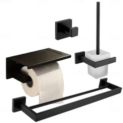 Bathroom Accessory Set Matte Black Contain with Tower Rack/Toilet Paper Holder/Robe Hook/Toilet Brush Holder Stainless Steel Wall Mounted 4PCS Painted Finish