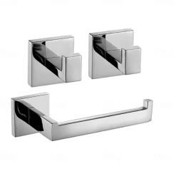 Bathroom Accessory Set New Design Metal Material Bathroom Single Rod Toilet Paper Holde and Robe Hooks Wall Mounted Silvery 3pc