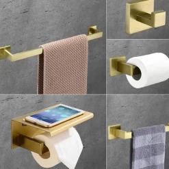 Bathroom Accessory Set Stainless Steel Include Single Towel Bar Toilet Paper Holder Robe Hook and Towel Shelf Wall Mounted Golden 1 or 3 or 4 pcs