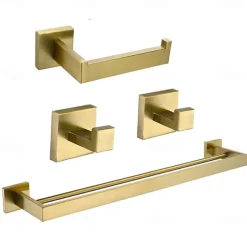 Bathroom Accessory Set,Brushed Golden Stainless Steel Wall Mounted Hardware Sets,Includeing 2 Robe Hooks, 1 Toilet Paper Holder,1 Towel Bar