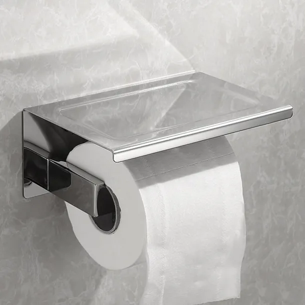 Bathroom Accessory Stainless Steel Robe Hook, Towel Bar, Towel Holder, Toilet Paper Holder with Shelf for Mobile Phone Storage Mirror Polished Silvery