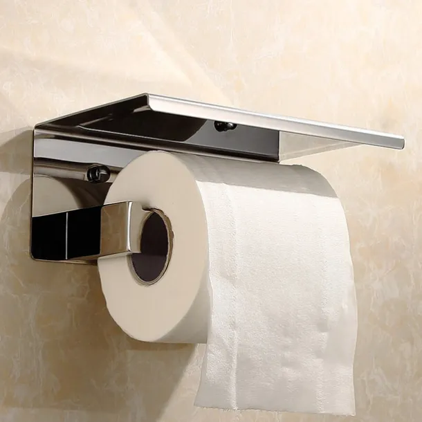 Bathroom Accessory Stainless Steel Robe Hook, Towel Bar, Towel Holder, Toilet Paper Holder with Shelf for Mobile Phone Storage Mirror Polished Silvery