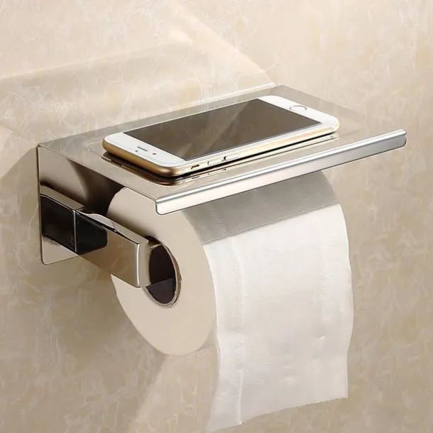 Bathroom Accessory Stainless Steel Robe Hook, Towel Bar, Towel Holder, Toilet Paper Holder with Shelf for Mobile Phone Storage Mirror Polished Silvery