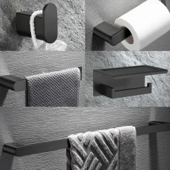 Bathroom Accessory Stainless Steel Include Robe Hook, Towel Bar, Towel Holder, Toilet Paper Holder with Shelf for Phone and Wash Supplies, Matte Black Bathroom