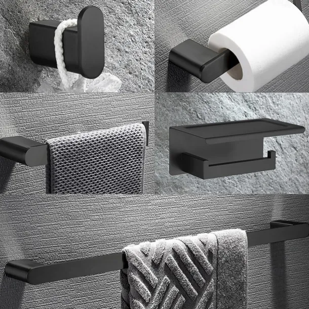 Bathroom Accessory Stainless Steel Include Robe Hook, Towel Bar, Towel Holder, Toilet Paper Holder with Shelf for Phone and Wash Supplies, Matte Black Bathroom