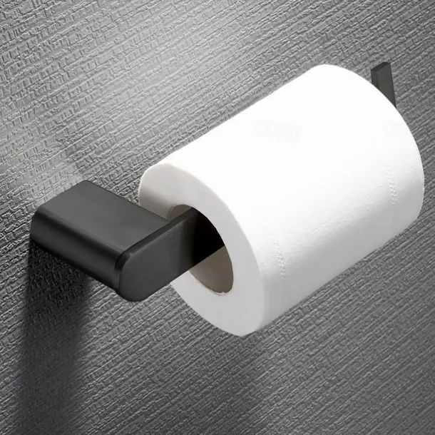 Bathroom Accessory Stainless Steel Include Robe Hook, Towel Bar, Towel Holder, Toilet Paper Holder with Shelf for Phone and Wash Supplies, Matte Black Bathroom