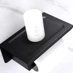 Bathroom Accessory Stainless Steel Include Robe Hook, Towel Bar, Towel Holder, Toilet Paper Holder with Shelf for Phone and Wash Supplies, Matte Black Bathroom