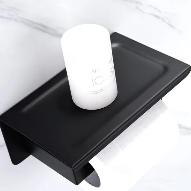 Bathroom Accessory Stainless Steel Include Robe Hook, Towel Bar, Towel Holder, Toilet Paper Holder with Shelf for Phone and Wash Supplies, Matte Black Bathroom