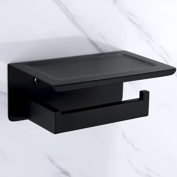 Bathroom Accessory Stainless Steel Include Robe Hook, Towel Bar, Towel Holder, Toilet Paper Holder with Shelf for Phone and Wash Supplies, Matte Black Bathroom