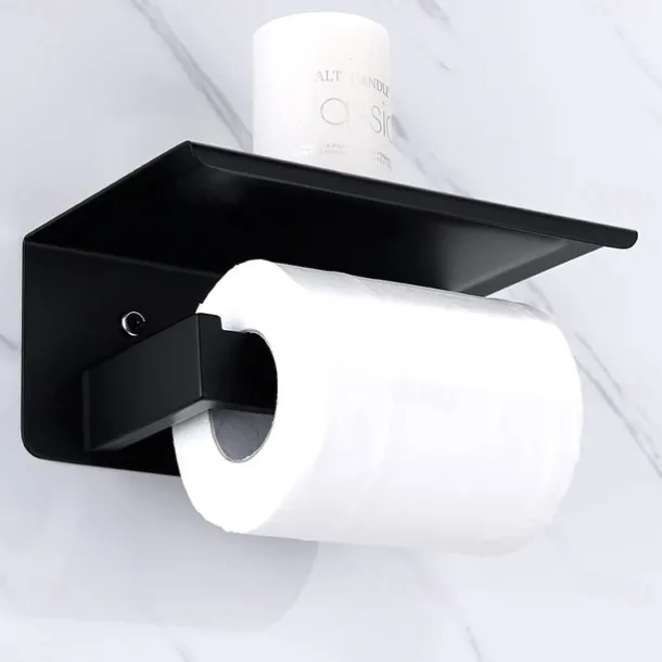 Bathroom Accessory Stainless Steel Include Robe Hook, Towel Bar, Towel Holder, Toilet Paper Holder with Shelf for Phone and Wash Supplies, Matte Black Bathroom