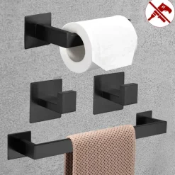 Bathroom Accessory Toilet Paper Holder / Robe Hook and Single Towel Rod New Design Self-adhesive Stainless Steel Wall Mounted Matte Black
