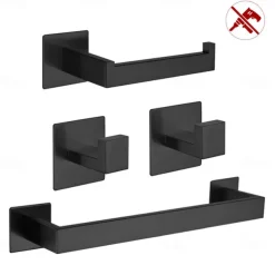 Bathroom Accessory Toilet Paper Holder / Robe Hook and Single Towel Rod New Design Self-adhesive Stainless Steel Wall Mounted Matte Black