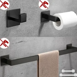 Bathroom Accessory Toilet Paper Holder / Robe Hook and Single Towel Rod New Design Self-adhesive Stainless Steel Wall Mounted Matte Black