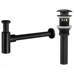 Bathroom Brass Contemporary Round Bottle P Trap Lavatory Adjustable Basin Sink Waste Drain P-Trap Kit with Pop up Drain(Silvery,Black)