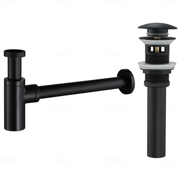 Bathroom Brass Contemporary Round Bottle P Trap Lavatory Adjustable Basin Sink Waste Drain P-Trap Kit with Pop up Drain(Silvery,Black)