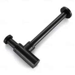 Bathroom Brass Contemporary Round Bottle P Trap Lavatory Adjustable Basin Sink Waste Drain P-Trap Kit with Pop up Drain(Silvery,Black)