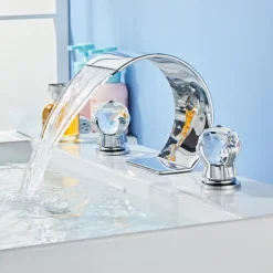 Bathroom Faucet 3 Hole Dual Crystal Knobs Widespread 3 Holes Vanity Basin Mixer Tap Bathtub Filler Faucet Waterfall Faucet for Bathroom(Golden/Black/Chrome)