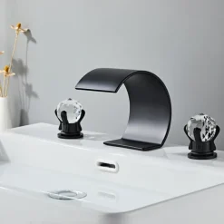 Bathroom Faucet 3 Hole Dual Crystal Knobs Widespread 3 Holes Vanity Basin Mixer Tap Bathtub Filler Faucet Waterfall Faucet for Bathroom(Golden/Black/Chrome)