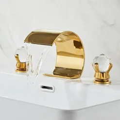 Bathroom Faucet 3 Hole Dual Crystal Knobs Widespread 3 Holes Vanity Basin Mixer Tap Bathtub Filler Faucet Waterfall Faucet for Bathroom(Golden/Black/Chrome)