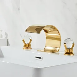 Bathroom Faucet 3 Hole Dual Crystal Knobs Widespread 3 Holes Vanity Basin Mixer Tap Bathtub Filler Faucet Waterfall Faucet for Bathroom(Golden/Black/Chrome)