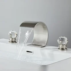 Bathroom Faucet 3 Hole Dual Crystal Knobs Widespread 3 Holes Vanity Basin Mixer Tap Bathtub Filler Faucet Waterfall Faucet for Bathroom(Golden/Black/Chrome)