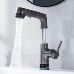Bathroom Faucet LCD Digital Display Sink Mixer Basin Taps with Pull out Sprayer, Single Handle Liftable Spout Head 3 Mode, Brass Vessel Tap Washroom