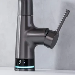 Bathroom Faucet LCD Digital Display Sink Mixer Basin Taps with Pull out Sprayer, Single Handle Liftable Spout Head 3 Mode, Brass Vessel Tap Washroom