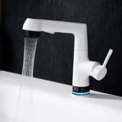 Bathroom Faucet LCD Digital Display Sink Mixer Basin Taps with Pull out Sprayer, Single Handle Liftable Spout Head 3 Mode, Brass Vessel Tap Washroom