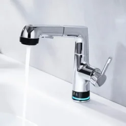 Bathroom Faucet LCD Digital Display Sink Mixer Basin Taps with Pull out Sprayer, Single Handle Liftable Spout Head 3 Mode, Brass Vessel Tap Washroom
