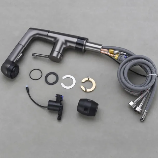 Bathroom Faucet LCD Digital Display Sink Mixer Basin Taps with Pull out Sprayer, Single Handle Liftable Spout Head 3 Mode, Brass Vessel Tap Washroom