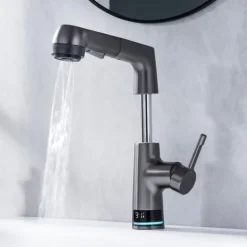 Bathroom Faucet LCD Digital Display Sink Mixer Basin Taps with Pull out Sprayer, Single Handle Liftable Spout Head 3 Mode, Brass Vessel Tap Washroom