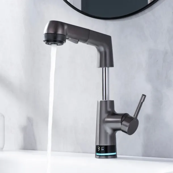 Bathroom Faucet LCD Digital Display Sink Mixer Basin Taps with Pull out Sprayer, Single Handle Liftable Spout Head 3 Mode, Brass Vessel Tap Washroom