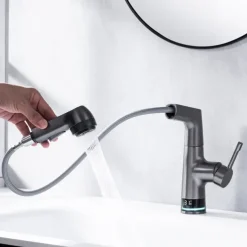 Bathroom Faucet LCD Digital Display Sink Mixer Basin Taps with Pull out Sprayer, Single Handle Liftable Spout Head 3 Mode, Brass Vessel Tap Washroom