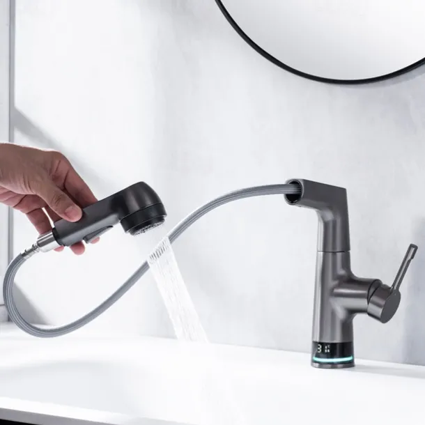 Bathroom Faucet LCD Digital Display Sink Mixer Basin Taps with Pull out Sprayer, Single Handle Liftable Spout Head 3 Mode, Brass Vessel Tap Washroom