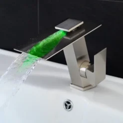 Bathroom Faucet LED Waterfall Spout 3 Color Changes with Temperature, Sink Mixer Mono Basin Taps, Single Handle One Hole Brass Washroom Vessel Tap Deck Mounted