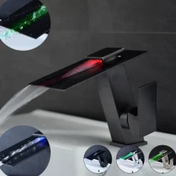 Bathroom Faucet LED Waterfall Spout 3 Color Changes with Temperature, Sink Mixer Mono Basin Taps, Single Handle One Hole Brass Washroom Vessel Tap Deck Mounted