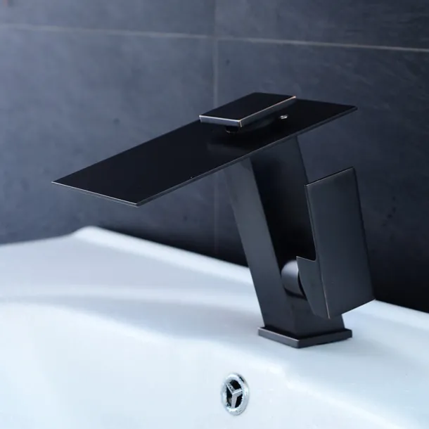 Bathroom Faucet LED Waterfall Spout 3 Color Changes with Temperature, Sink Mixer Mono Basin Taps, Single Handle One Hole Brass Washroom Vessel Tap Deck Mounted