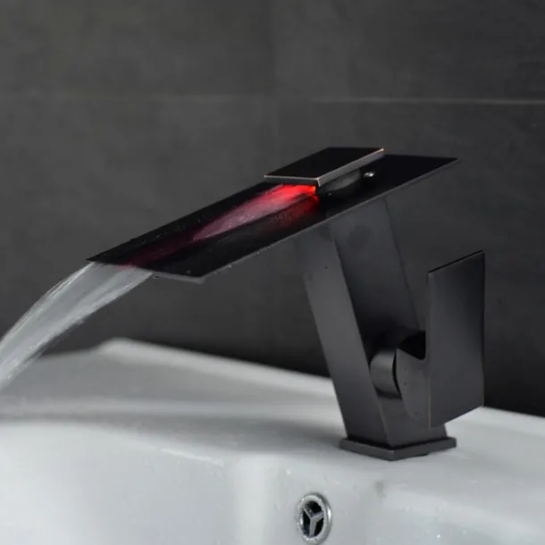Bathroom Faucet LED Waterfall Spout 3 Color Changes with Temperature, Sink Mixer Mono Basin Taps, Single Handle One Hole Brass Washroom Vessel Tap Deck Mounted