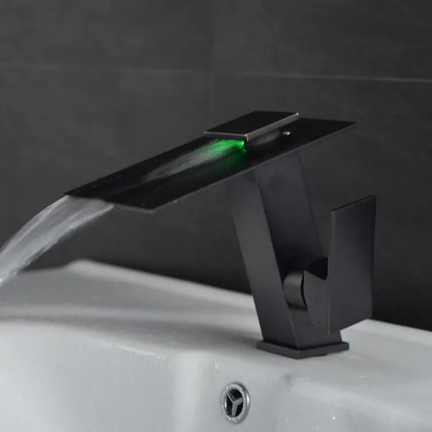 Bathroom Faucet LED Waterfall Spout 3 Color Changes with Temperature, Sink Mixer Mono Basin Taps, Single Handle One Hole Brass Washroom Vessel Tap Deck Mounted